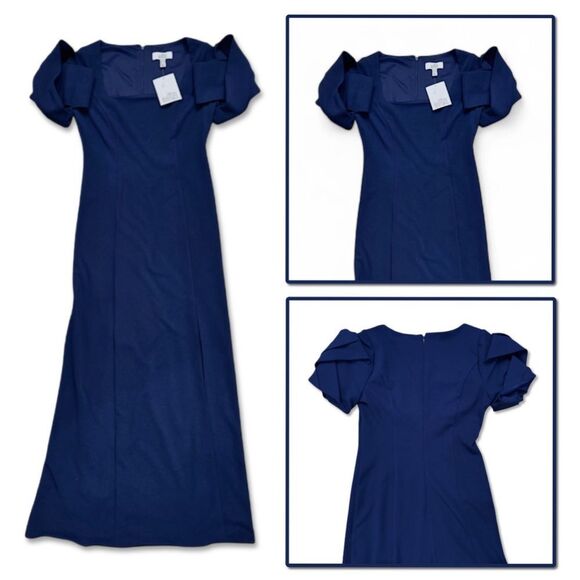 NWT Belle Badgley Mischka Puff Sleeve Gown in Navy Blue - Picture 12 of 15
